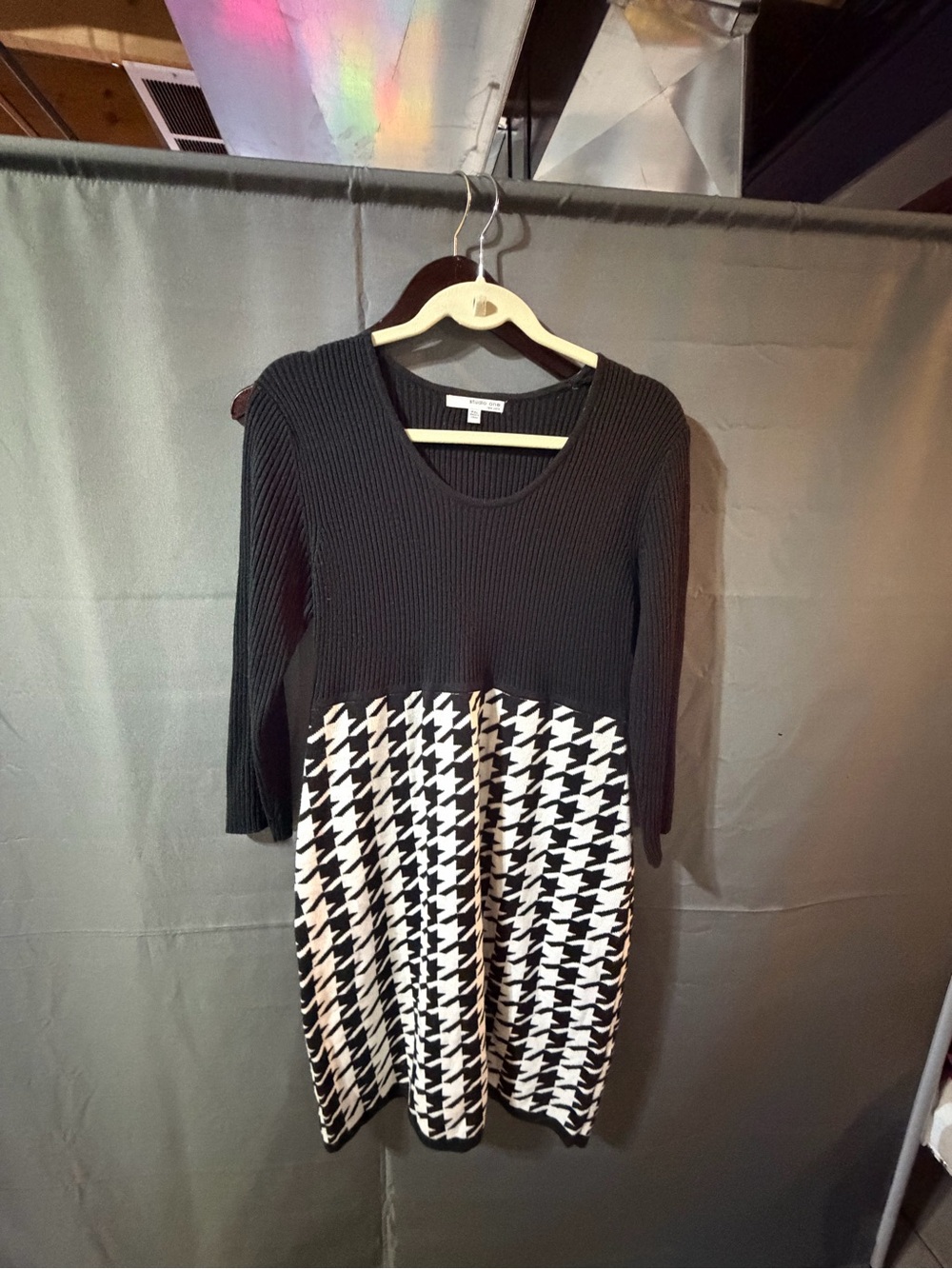 Black & White Houndstooth Midi Knit Fit-and-Flare Dress
